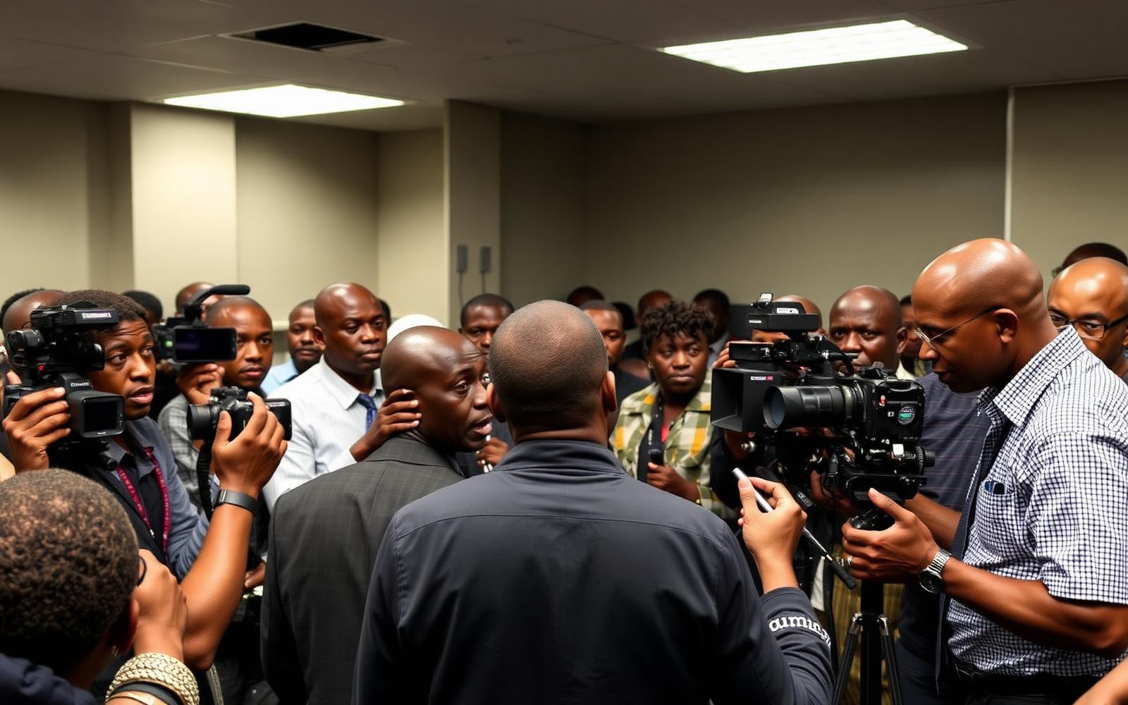 Fictional Kenyan journalists and camera operators questioning officials at a government press conference in Nairobi.