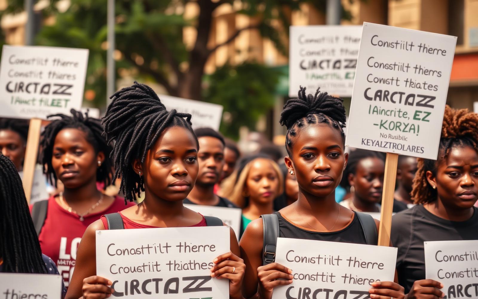 Fictional young Kenyan demonstrators holding constitutional-rights placards at a peaceful gathering in a Nairobi street.
